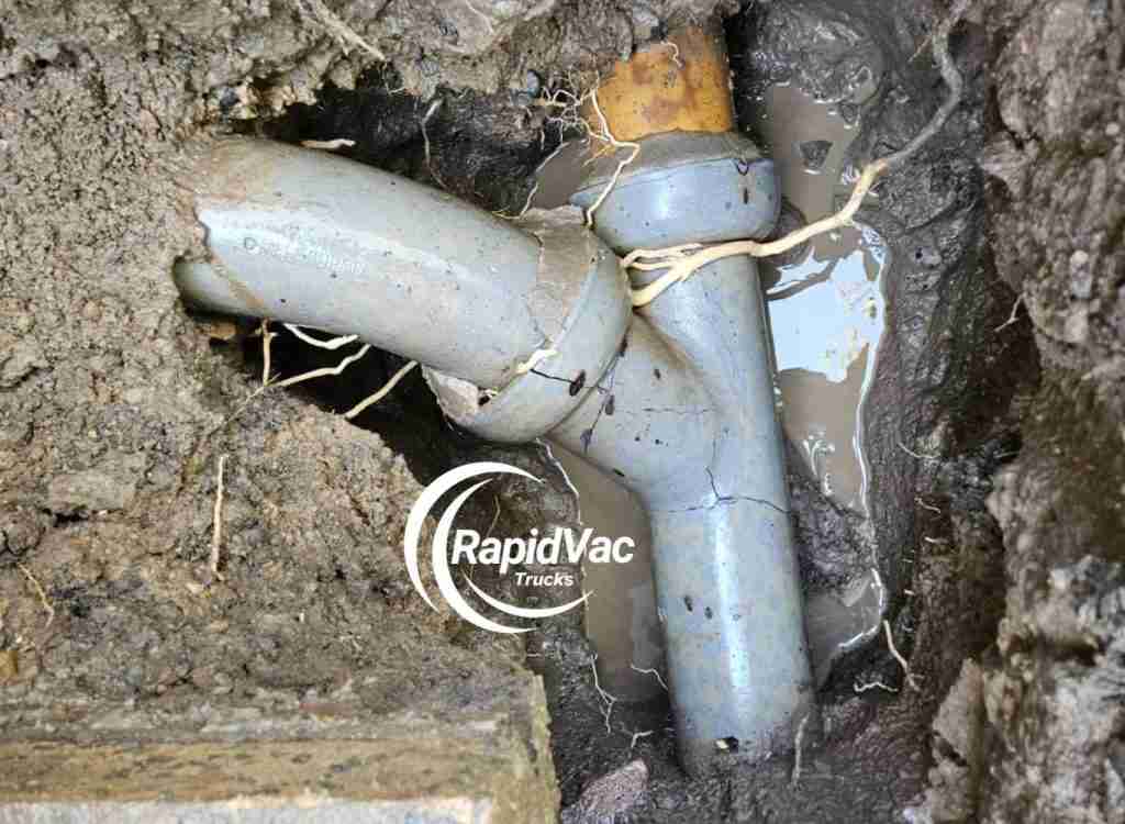 Efficient blocked drain removal with high-suction vacuum truck service.